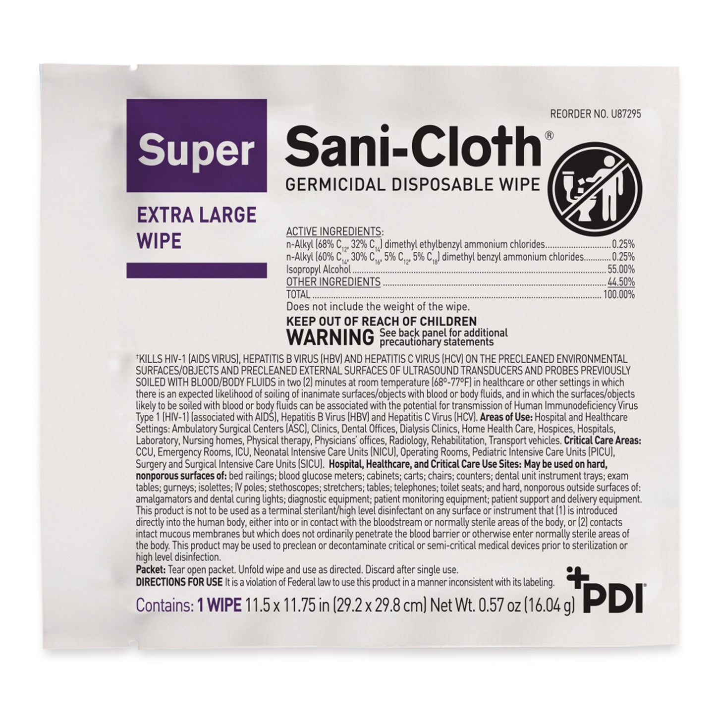 Super Sani-Cloth® Extra Large Germicidal Disinfectant Wipes, Individual Packets U87295