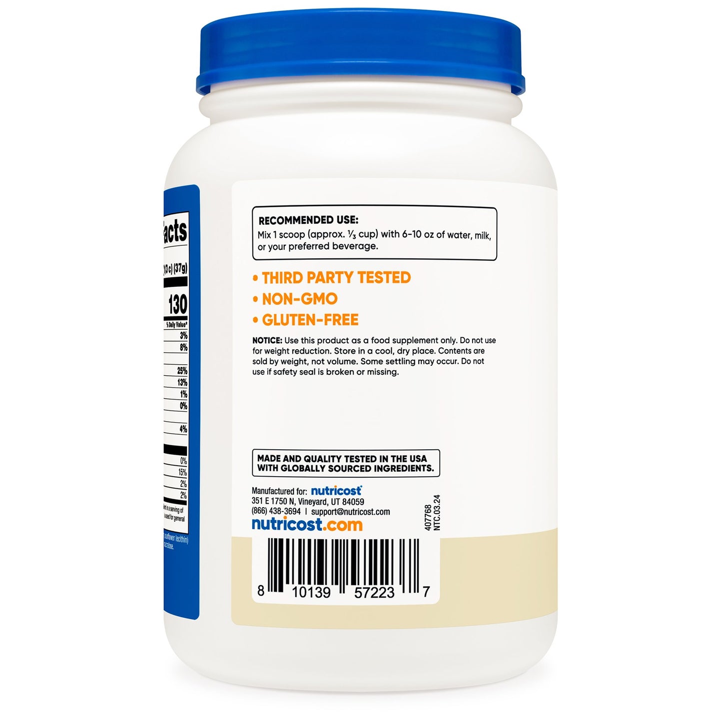 Oral Supplement Nutricost Whey Protein Concentrate Vanilla Flavor Powder 1.5 lb. Canister NCW025101