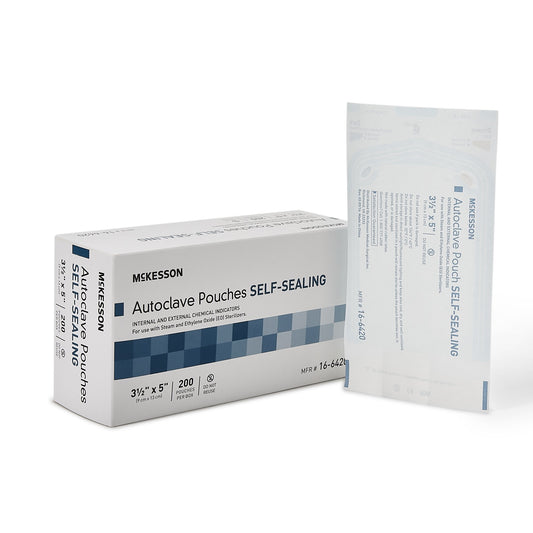 Sterilization Pouch McKesson Ethylene Oxide (EO) Gas / Steam 3-1/2 X 5 Inch Transparent Blue / White Self Seal Paper / Film - 16-6420