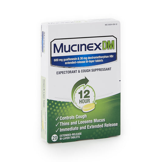 Reckitt Benckiser Mucinex DM Guaifenesin / Dextromethorphan HBr Cold and Cough Relief 63824005632, Box of 20