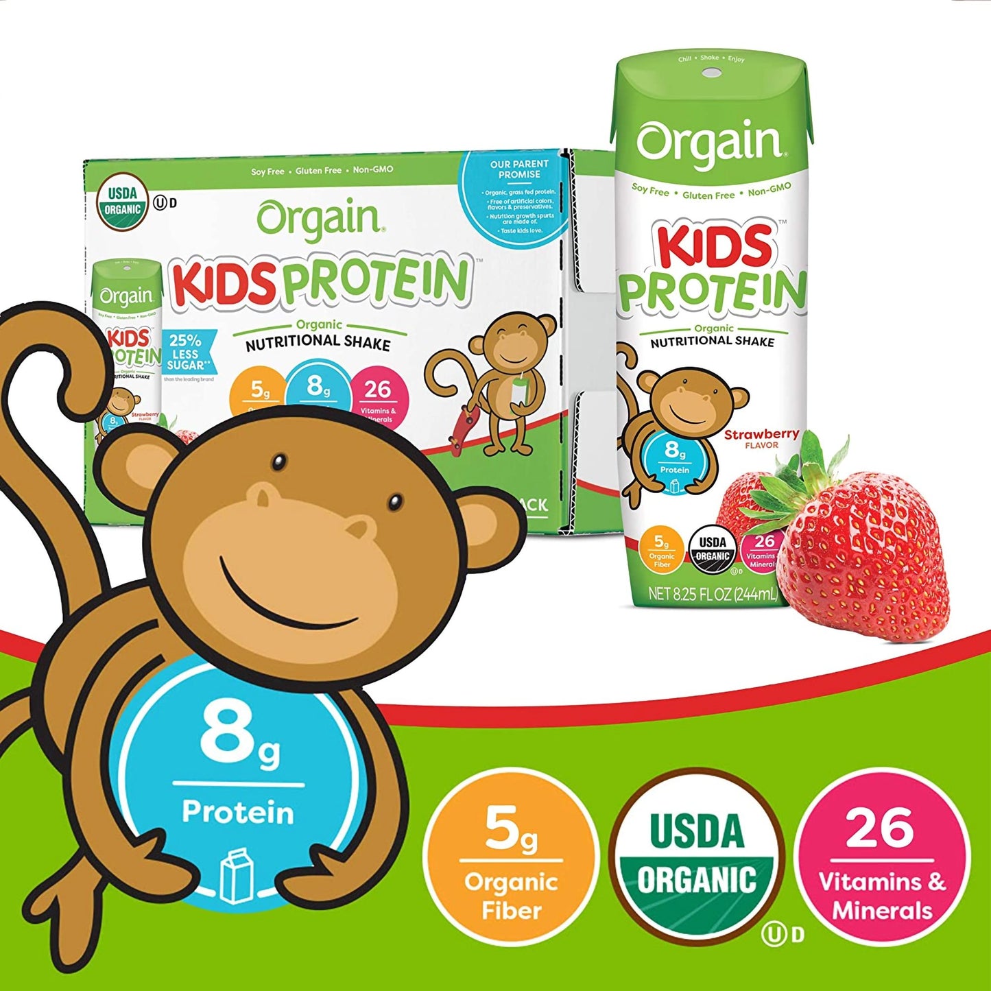 Orgain® Kids® Protein Organic Nutritional Shake, Strawberry, 8.25-ounce carton 851770003155