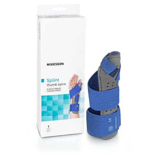Wrist Splint with Thumb Spica McKesson Thumb Spica Nylon / Cotton-Terry / Foam / Elastic / Spandex Left Hand Blue / Gray Small / Medium - 155-79-87114