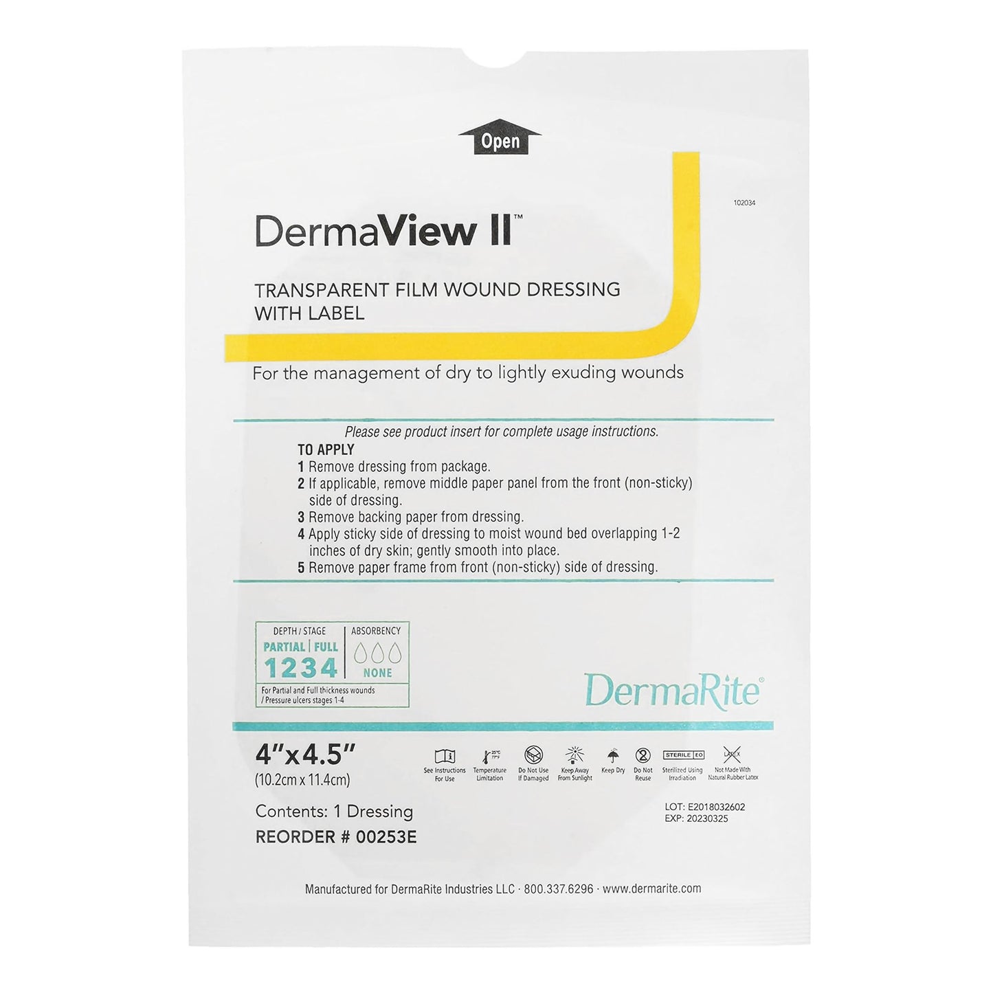 DermaView II™ Transparent Film Dressing with Border, 4 x 4½ Inch 00253E