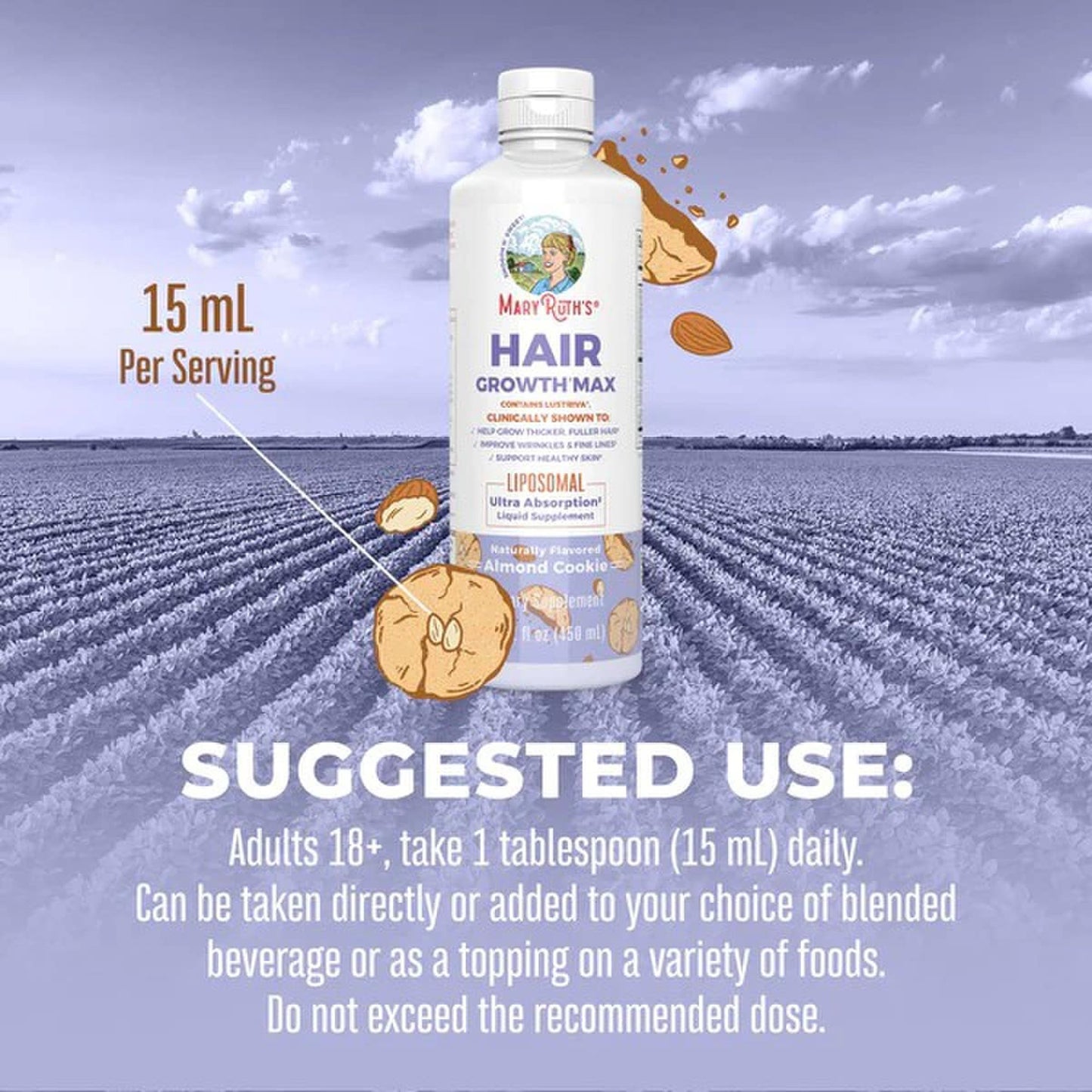 Mary Ruth's® Hair Growth Max Liposomal, Almond Cookie Flavor, 15.22-ounce Bottle LP-AD-HGM-CV-SF-16Z-UN-01