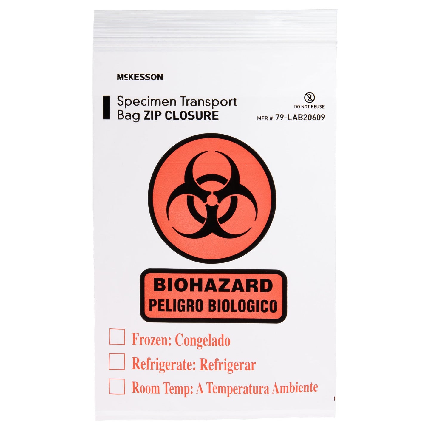 Specimen Transport Bag with Document Pouch McKesson 6 X 9 Inch Zip Closure Biohazard Symbol / Storage Instructions NonSterile - 79-LAB20609