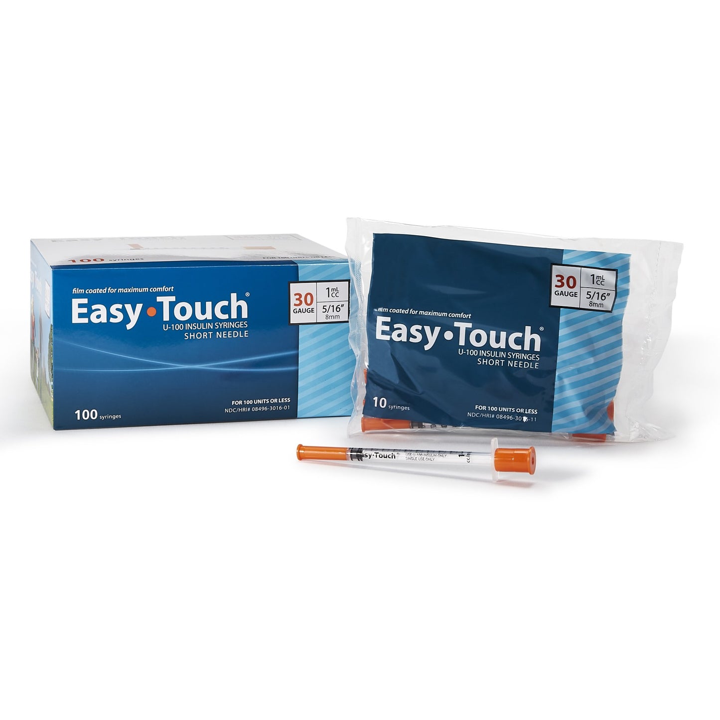 Standard Insulin Syringe with Needle EasyTouch™ 1 mL 5/16 Inch 30 Gauge NonSafety Thin Wall - 830165
