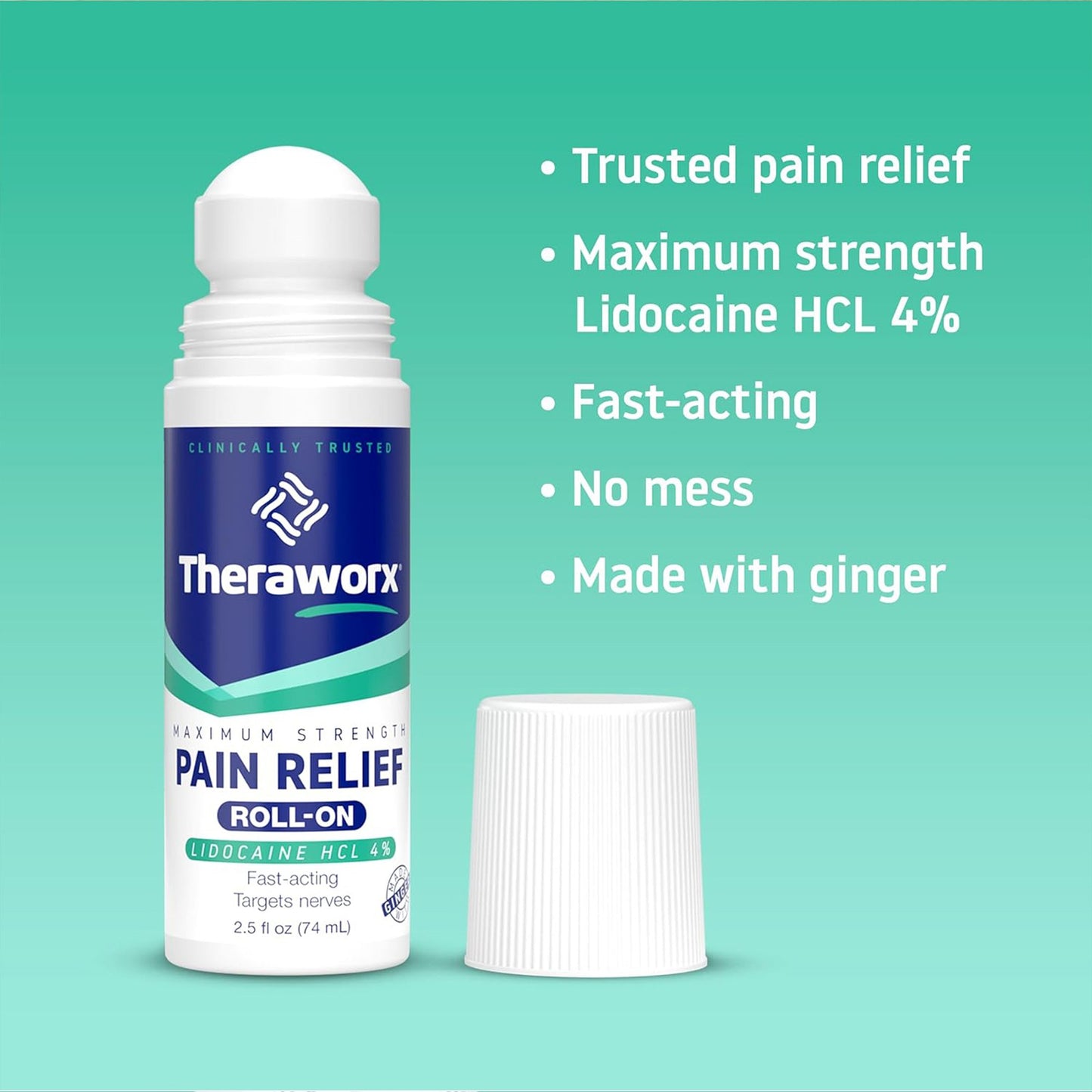 Theraworx® Maximum Strength Pain Relief Roll-On with 4% Lidocaine NRV-25R-4X4