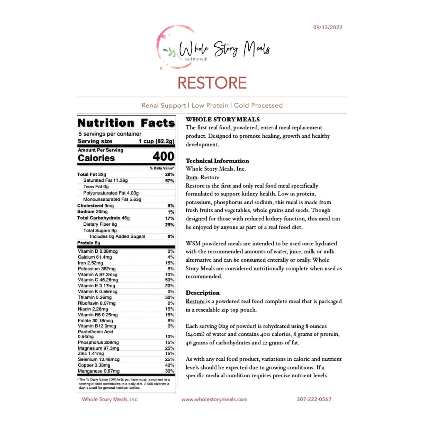 Whole Story Meals Restore Renal Support for Enteral Feeding and Meal Replacement 7125