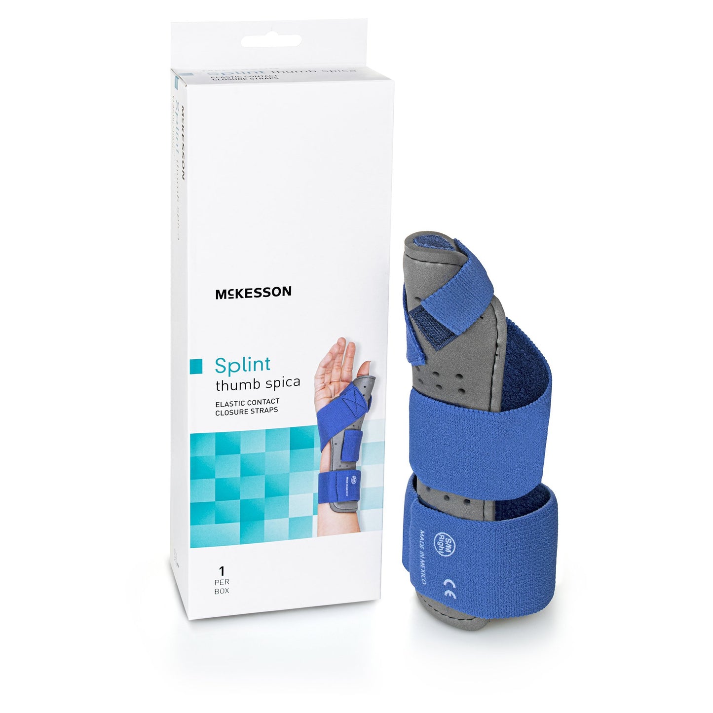 Wrist / Hand Brace with Thumb Spica McKesson Thumb Spica Nylon / Cotton-Terry / Foam / Elastic / Spandex Right Hand Blue / Gray Small / Medium - 155-7