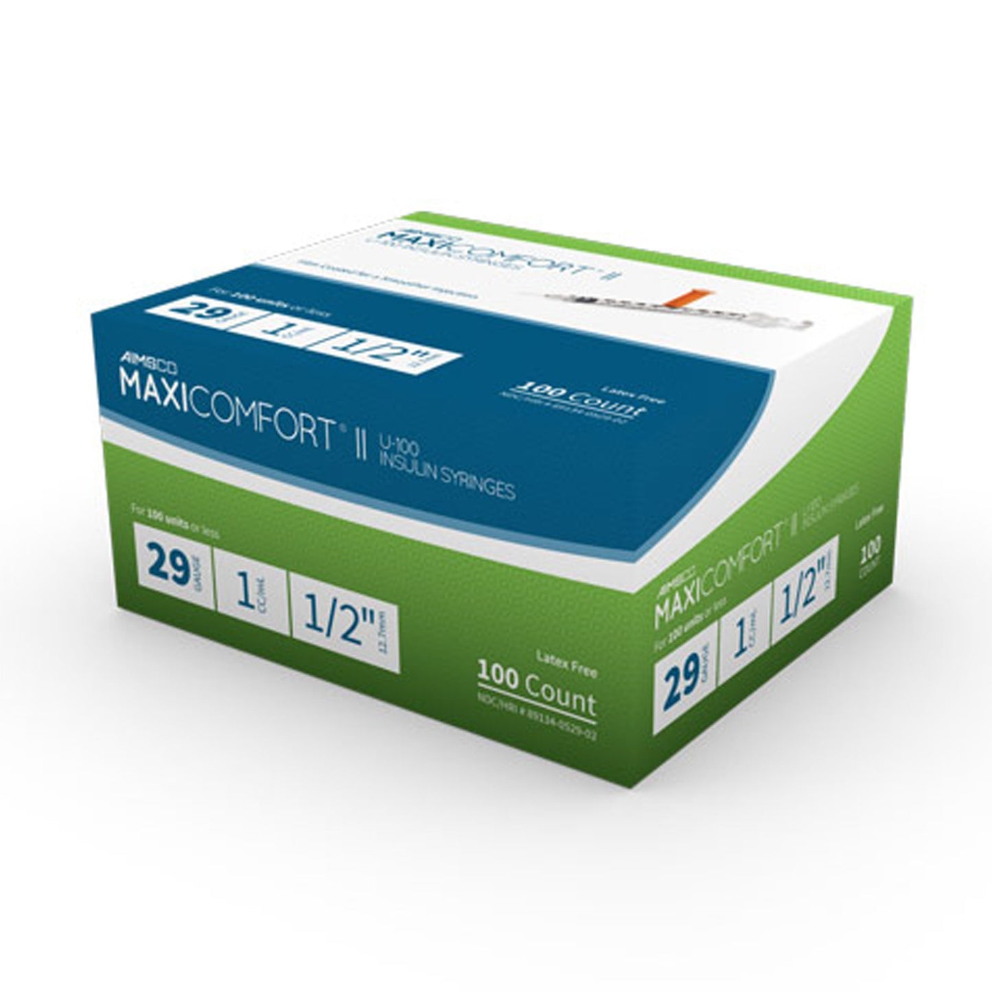 MaxiComfort® II Standard Insulin 1mL Syringe with Needle, 29 Gauge, 0.5 Inch 529