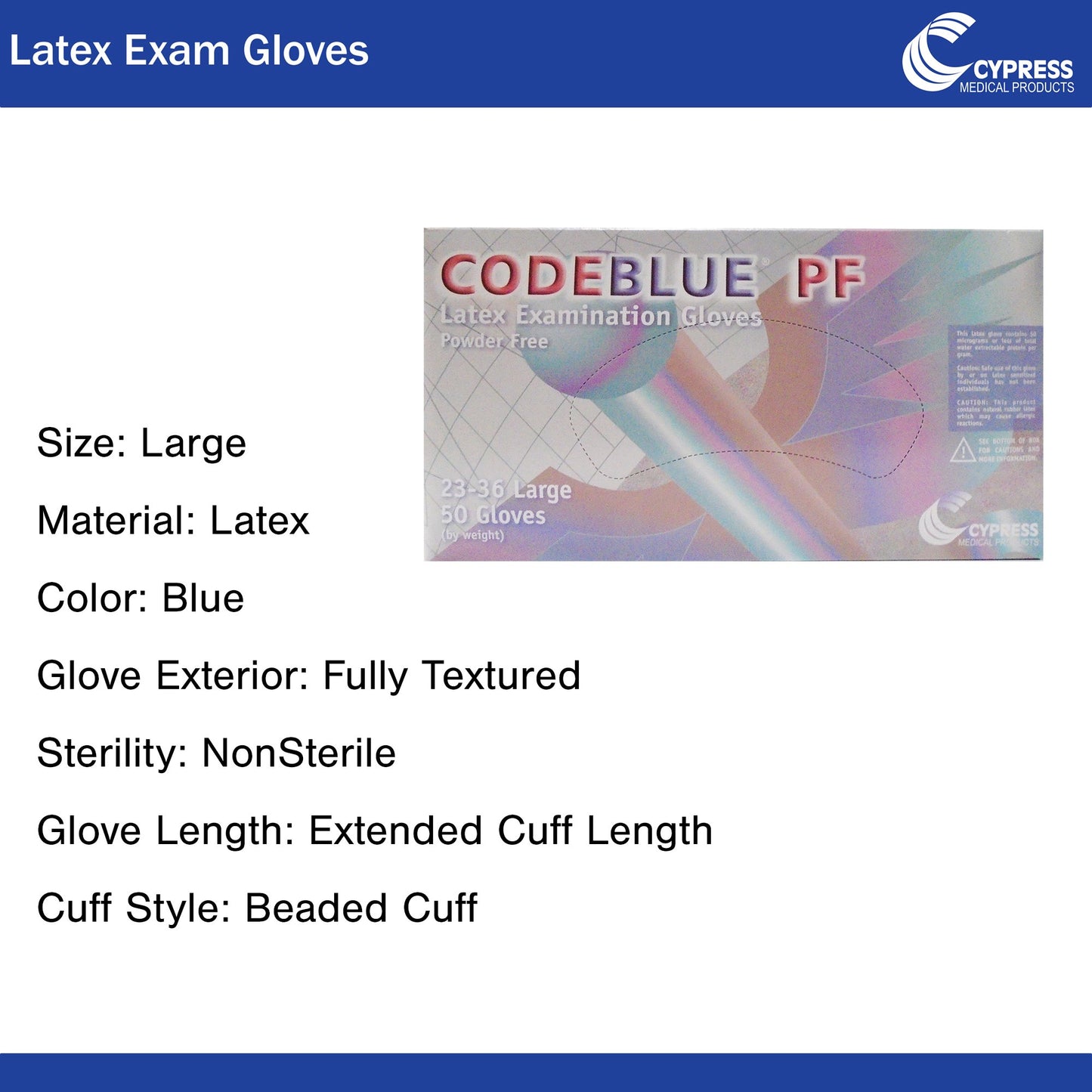 CodeBlue® PF Latex Extended Cuff Length Exam Glove, Large, Blue 23-36
