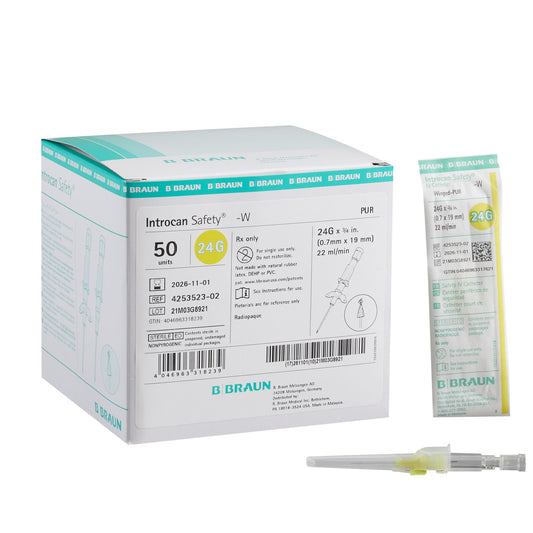 Peripheral IV Catheter Introcan Safety® 24 Gauge 3/4 Inch Polyurethane Winged Hub Non Blood Control Passive Safety - 4253523-02