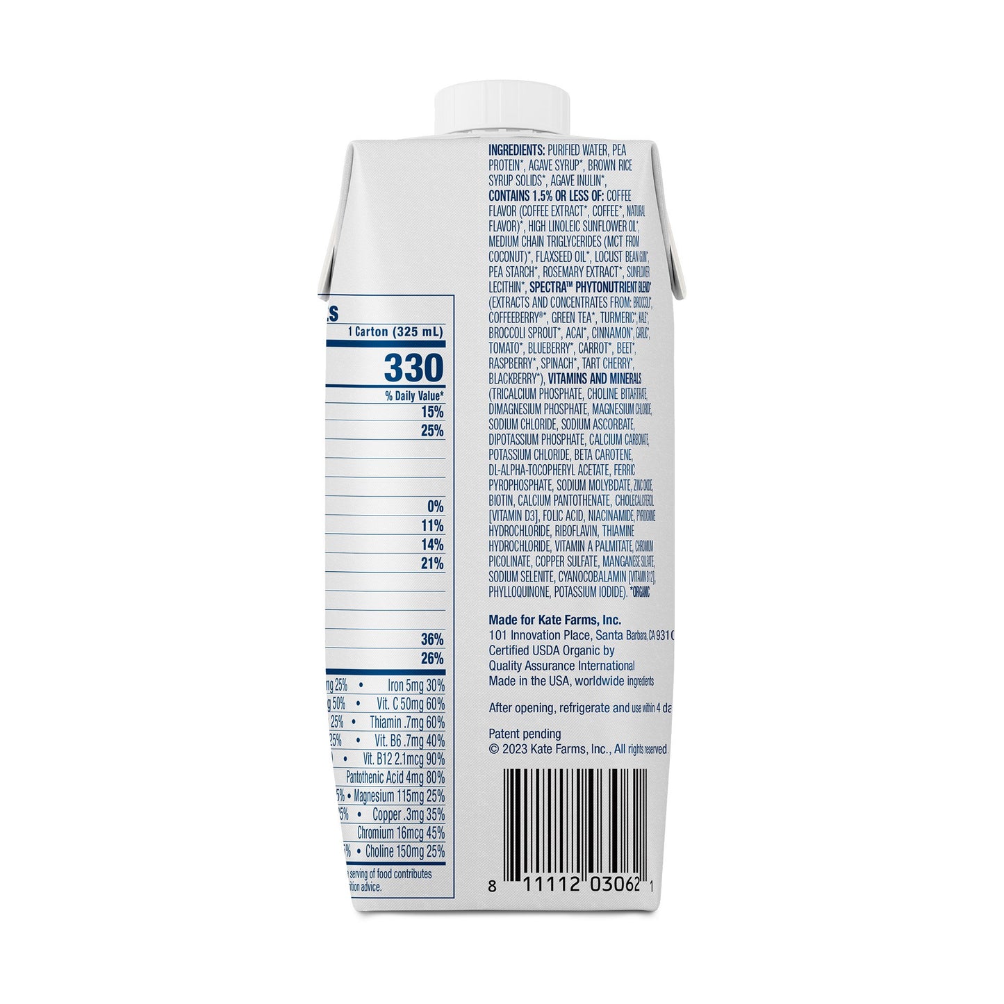 Kate Farms® Nutrition Shake, Coffee Flavor, 11-ounce carton 811112030638