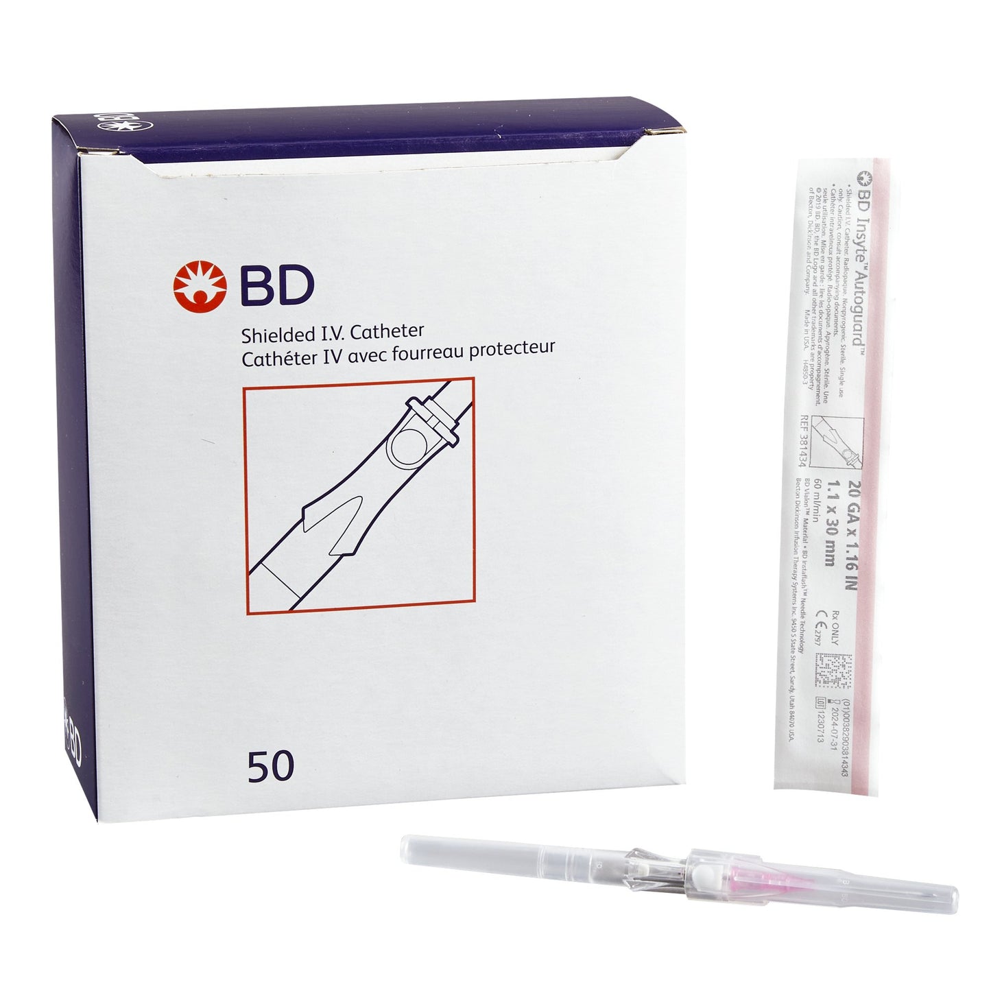 Peripheral IV Catheter Insyte™ Autoguard™ 20 Gauge 1.16 Inch BD Vialon Straight Hub Non Blood Control Push Button Safety - 381434