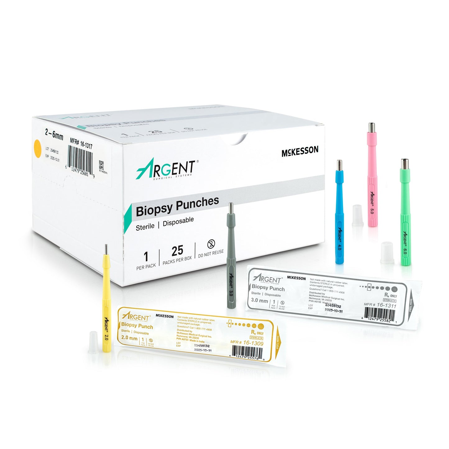 Biopsy Punch McKesson Argent™ Dermal Five 2 mm, Five 3 mm, Five 4 mm, Five 5 mm, and Five 6 mm - 16-1317