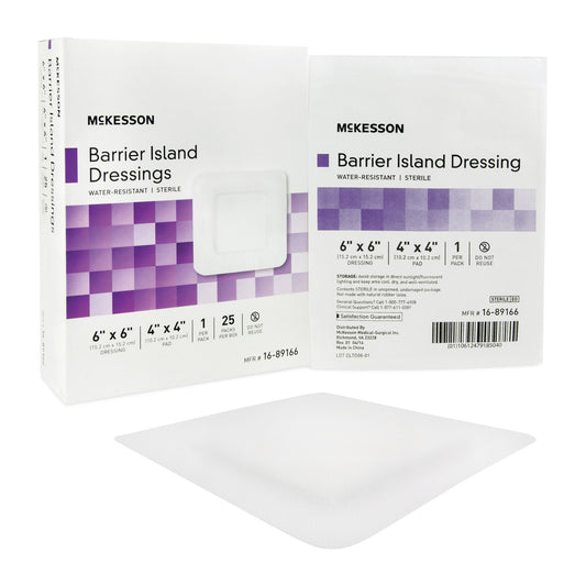 Barrier Island Composite Dressing McKesson 6 X 6 Inch Square Sterile Water Resistant Film Backing - 16-89166