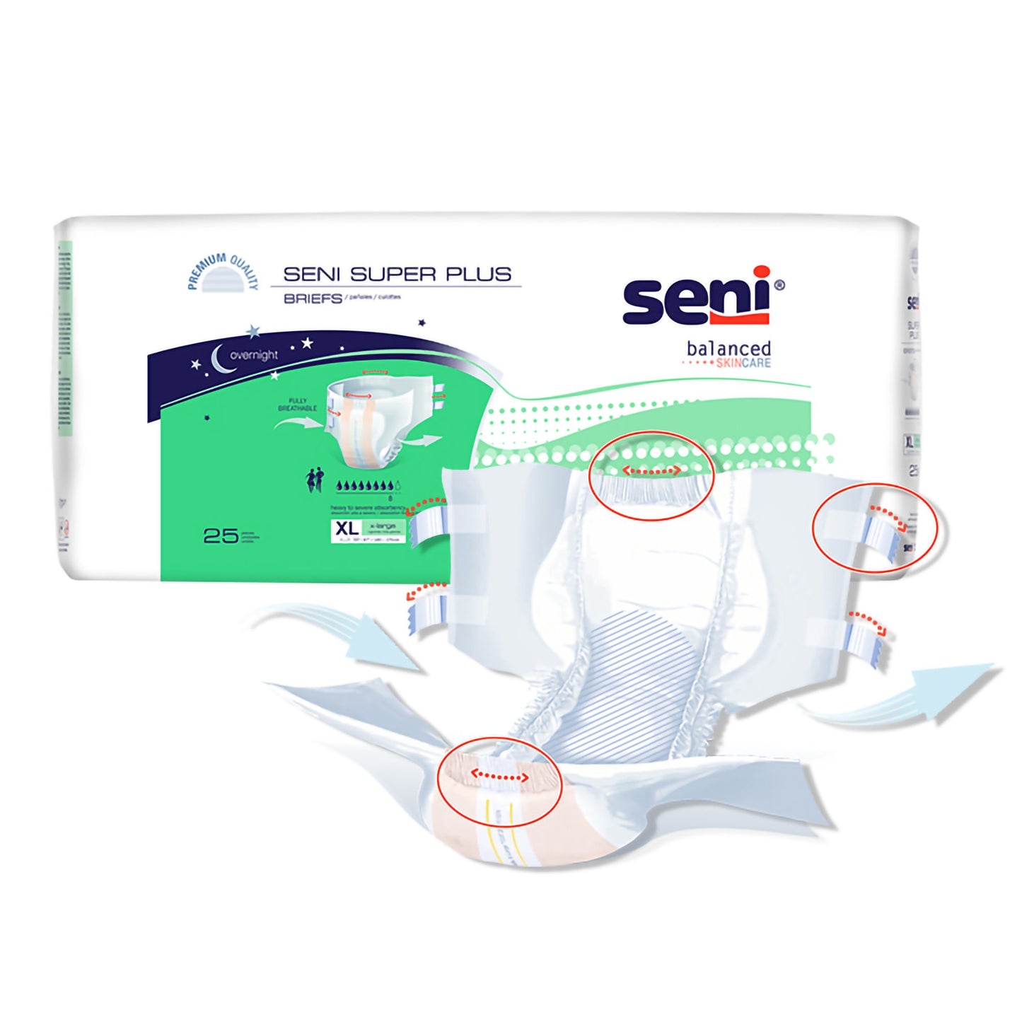 Seni® Super Plus Overnight Heavy Absorbency Incontinence Brief, Extra Large S-XL25-BP1