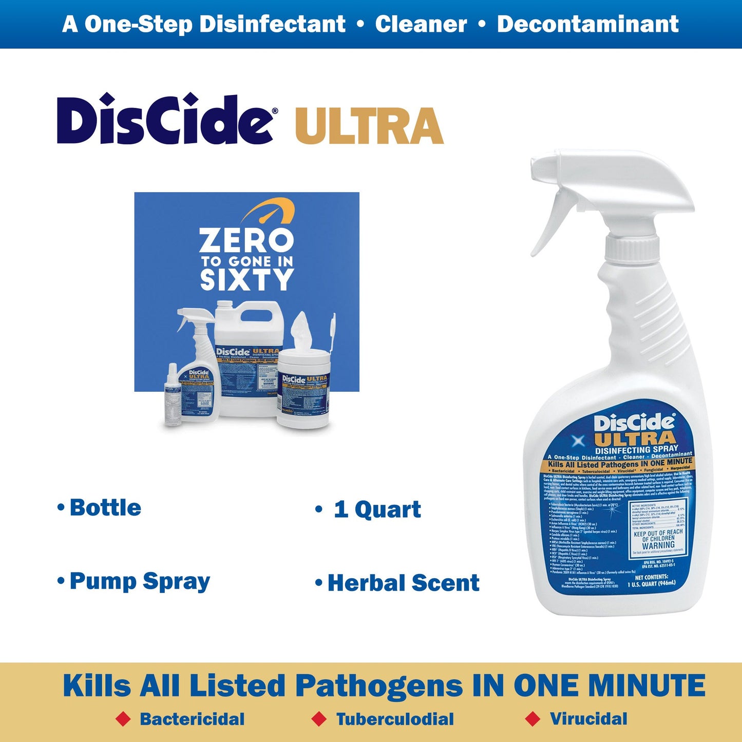 DisCide® Ultra Quaternary Based Surface Disinfectant Cleaner, 1 quart 3565Q