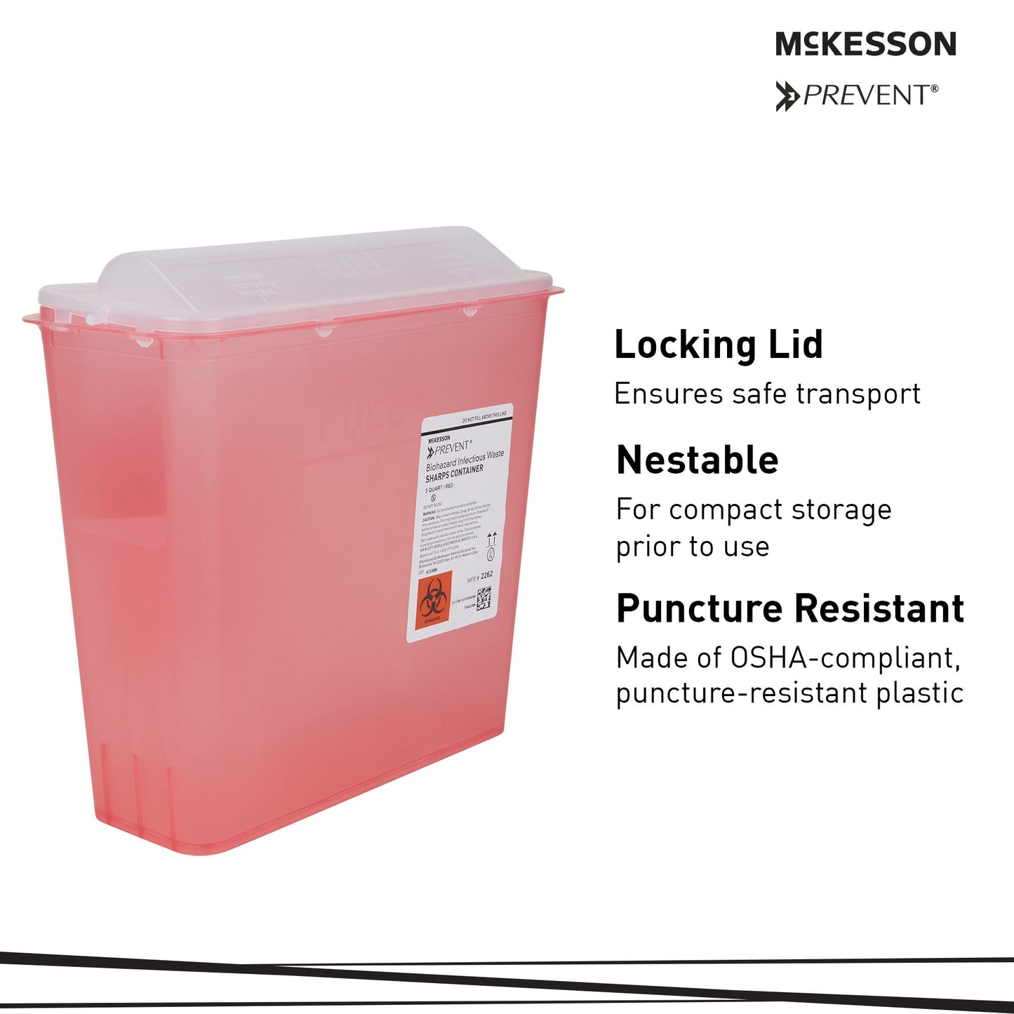 McKesson Prevent® Red Sharps Container, 1.25 Gallon, 10.75 x 10.5 x 4.75 Inch 2262