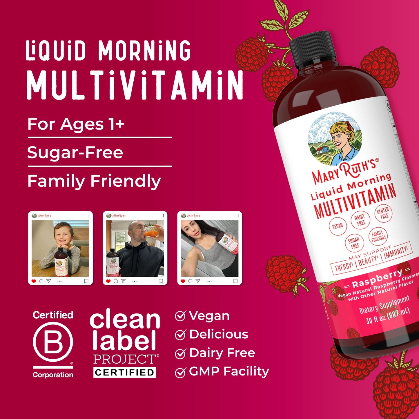 Mary Ruth's™ Liquid Morning Multivitamin, Raspberry Flavor, 30-ounce Bottle BL-AD-MLT-CV-PSF-30Z-UN-01