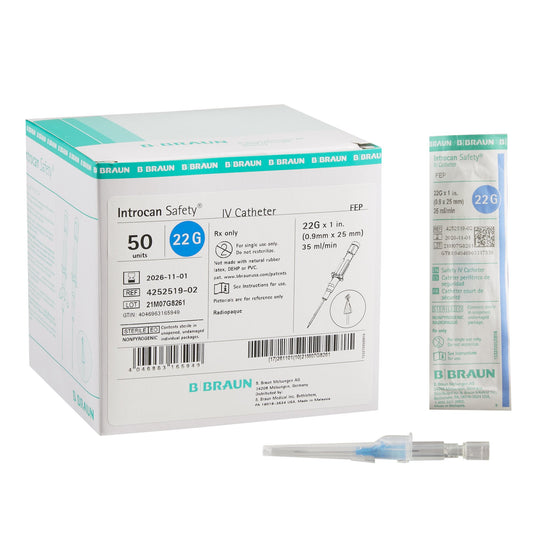 Peripheral IV Catheter Introcan Safety® 22 Gauge 1 Inch FEP Polymer Straight Hub Non Blood Control Passive Safety - 4252519-02