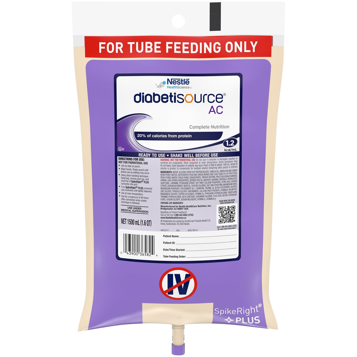 Diabetisource® AC Tube Feeding Formula, 1.5 L Ready to Hang Prefilled Container 10043900365838