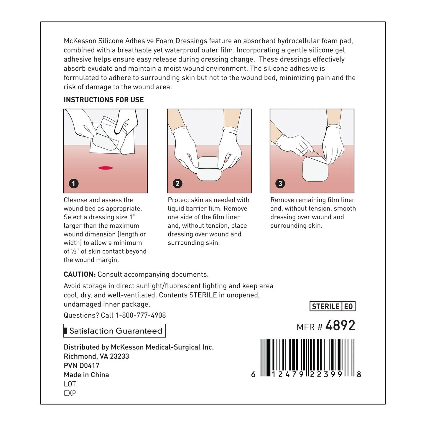 McKesson Lite Hydrocellular Foam Dressing w/ Silicone Adhesive w/o Border, 3 x 3 4892