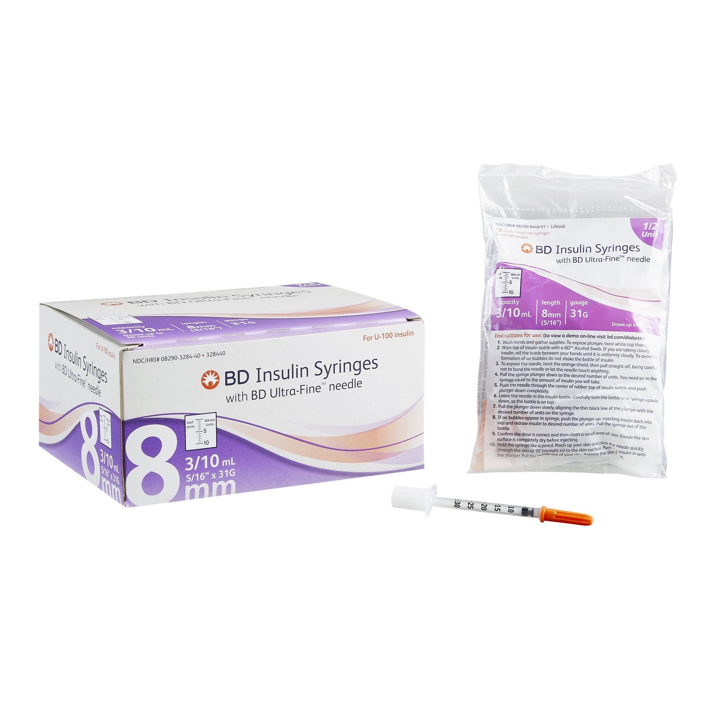 BD Ultra-Fine Insulin Syringe w/ Needle 0.3mL 31G x 5/16" - 328440