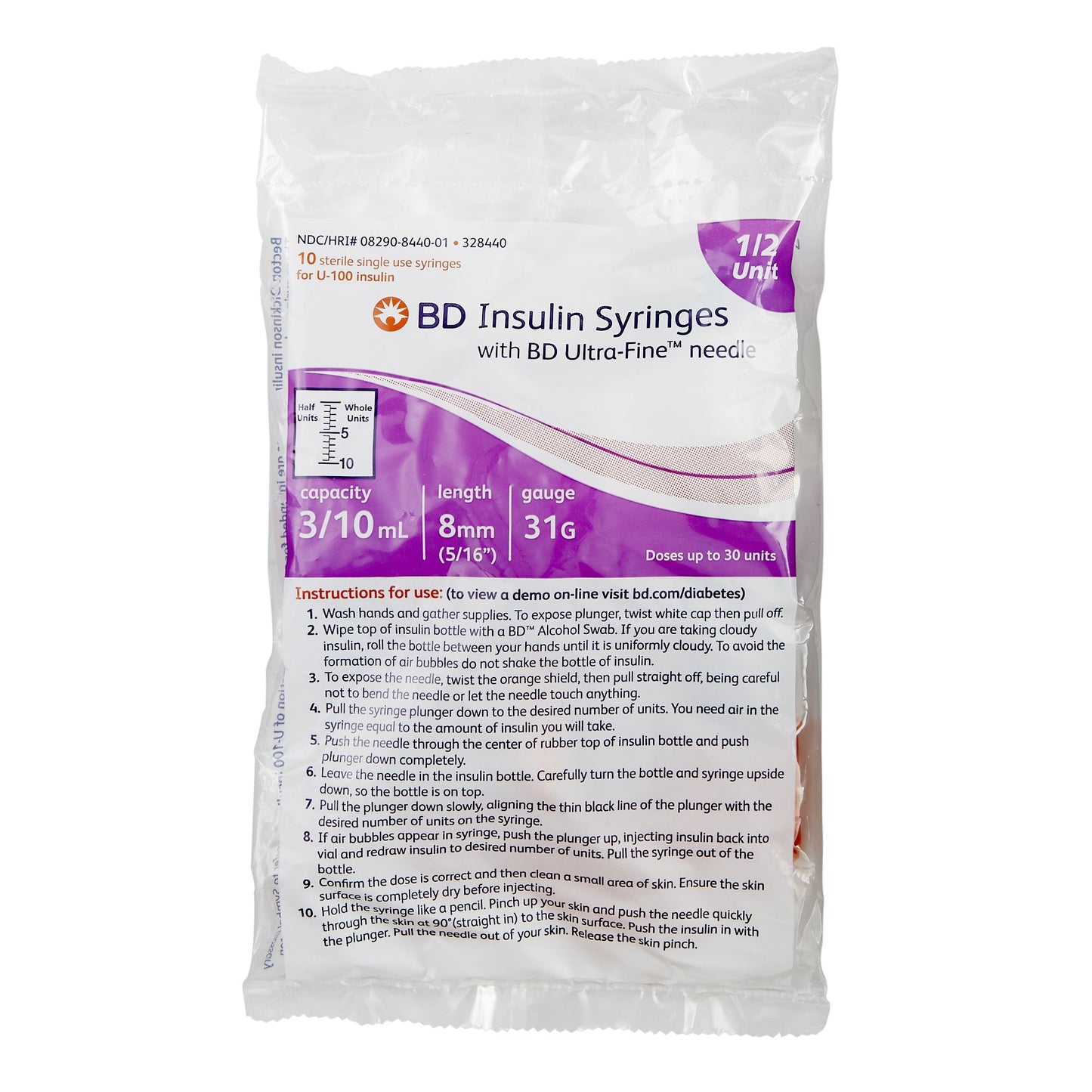BD Ultra-Fine Insulin Syringe w/ Needle 0.3mL 31G x 5/16" - 328440