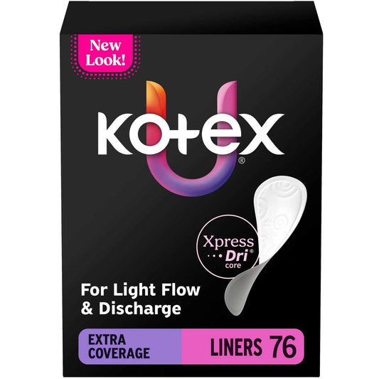 Kotex® Absorbent Flat Liners, Light Absorbency, Extra Coverage, 76 Count - 58319