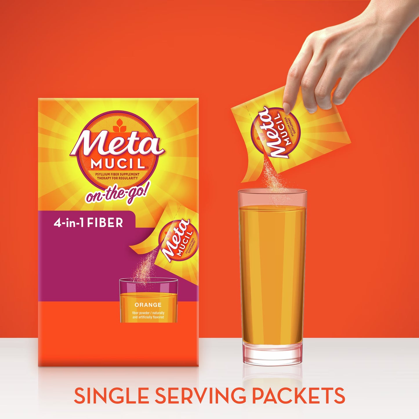 Metamucil® On-The-Go Daily Psyllium Husk Powder Supplement Powder 4-in-1 Fiber for Digestive Health Orange Flavored Drink 30 Packets 37000002304