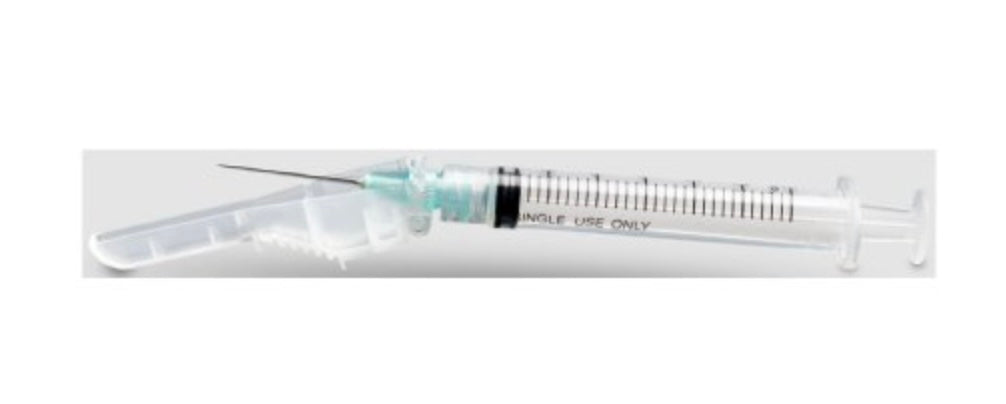 Safety Hypodermic Syringe with Needle McKesson Prevent® 3 mL 1 Inch 25 Gauge Hinged Safety Needle Ultra Thin Wall - 102-SN3C251S3