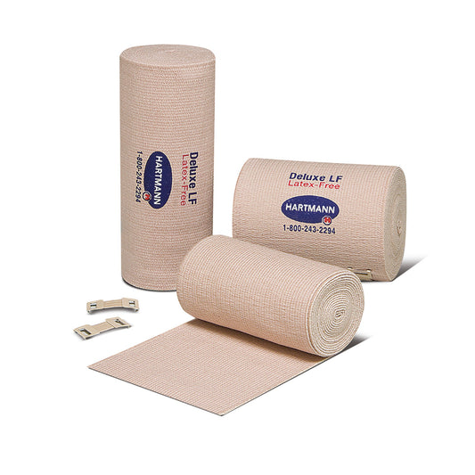 Elastic Bandage Deluxe® 480® LF 4 Inch X 11 Yard Double Length Clip Detached Closure Tan NonSterile High Compression - 38410000