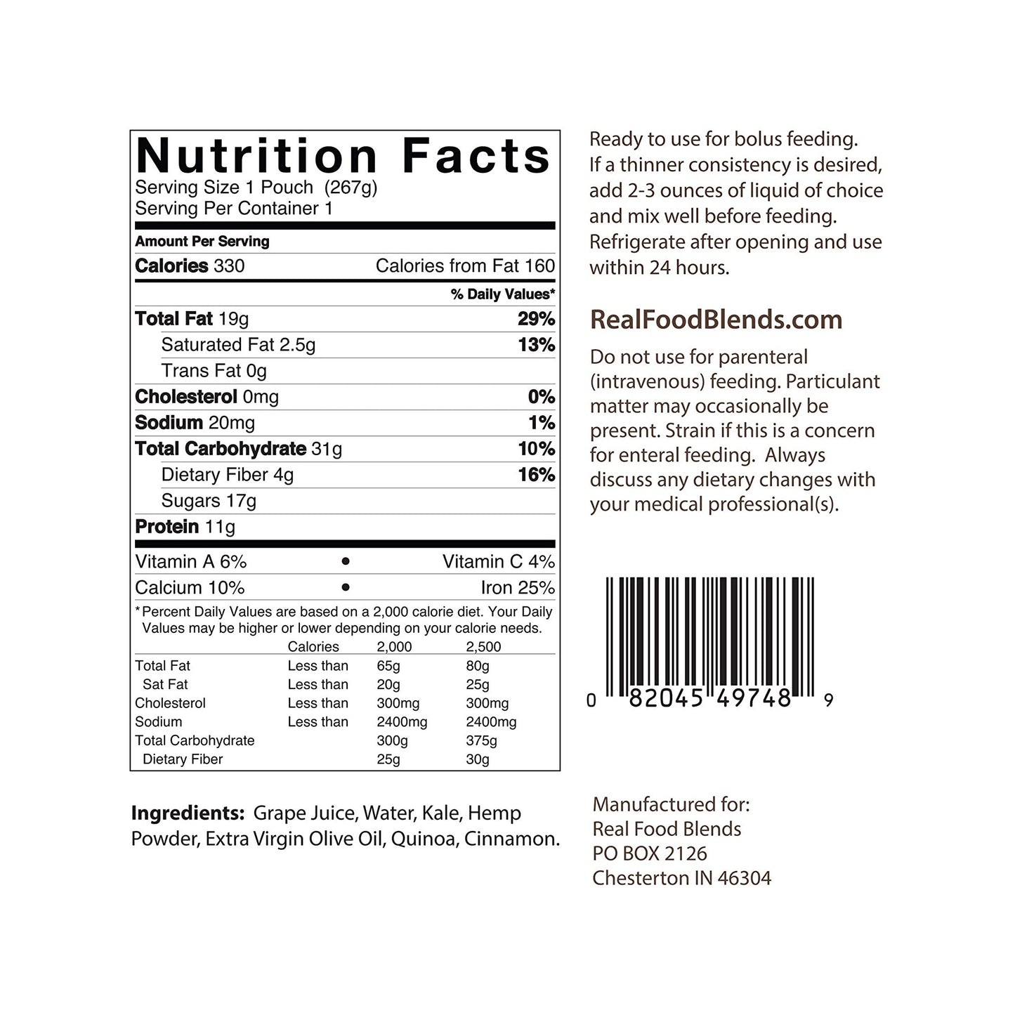 Real Food Blends™ Quinoa, Kale & Hemp Pureed Food Blend for Tube Feed, 9.4-ounce 176992