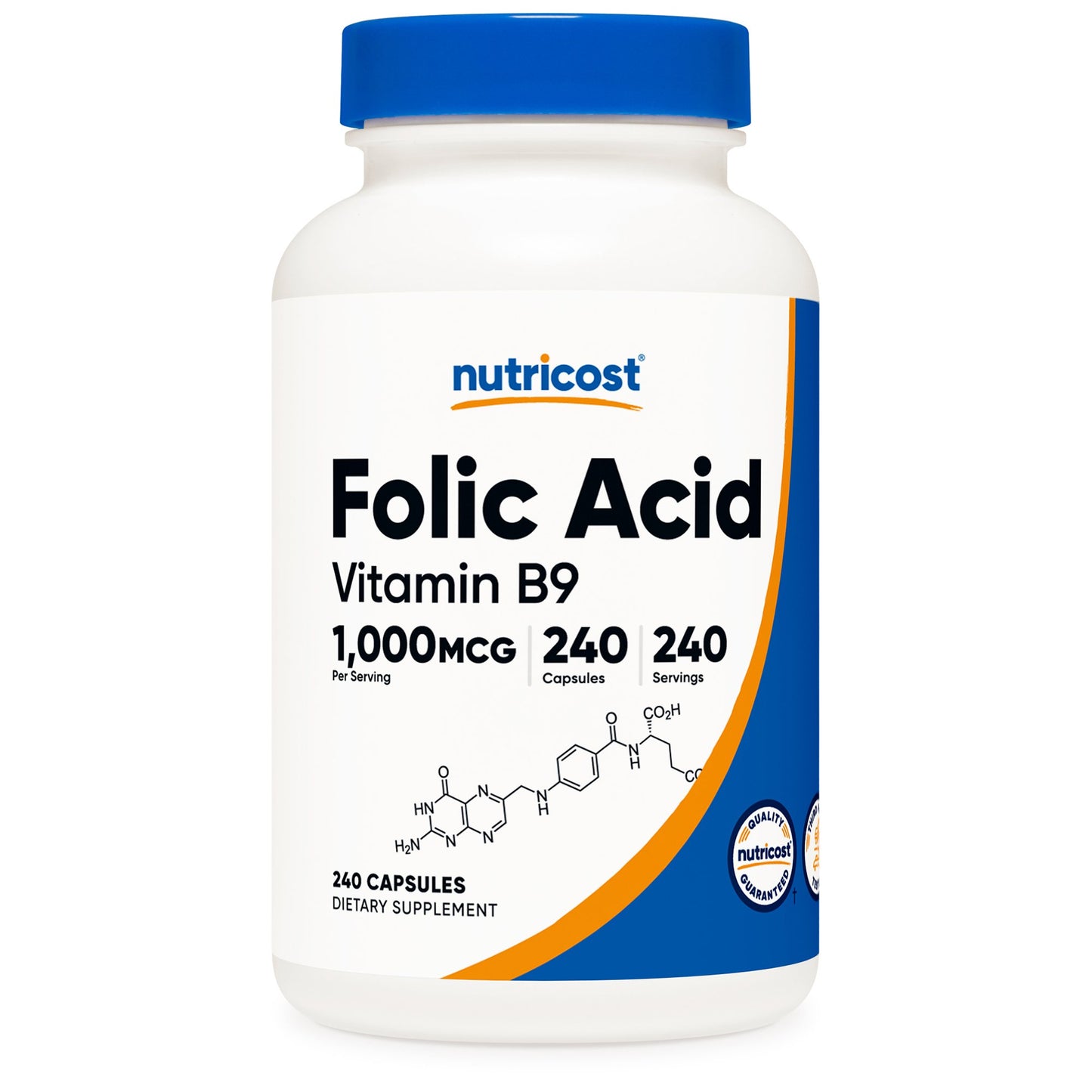 Dietary Supplement nutricost® Folic Acid (Vitamin B9) Folate 1,000 mcg Strength Capsule 240 Per Bottle NTC082101