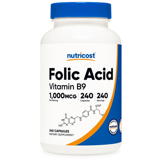 Dietary Supplement nutricost® Folic Acid (Vitamin B9) Folate 1,000 mcg Strength Capsule 240 Per Bottle NTC082101