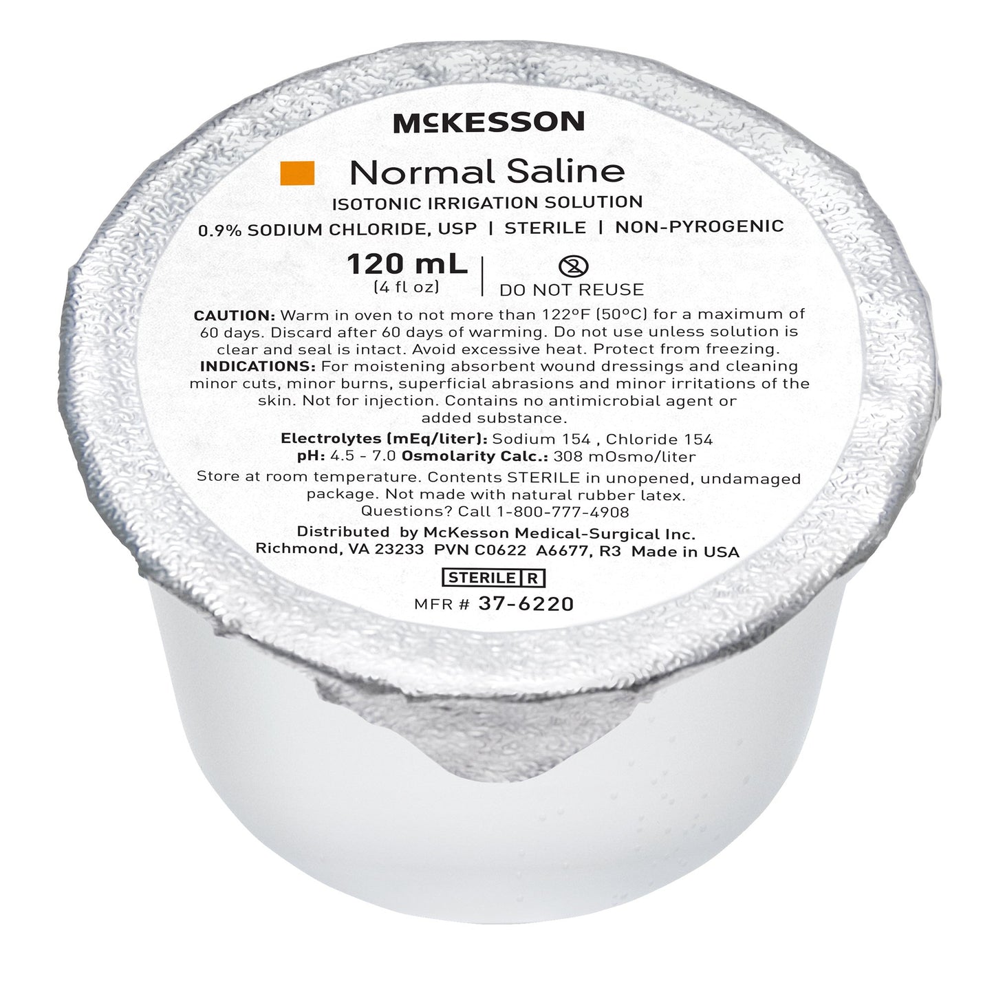 Irrigation Solution - OTC McKesson 0.9% Sodium Chloride Not for Injection Foil-Lidded Cup 120 mL - 37-6220
