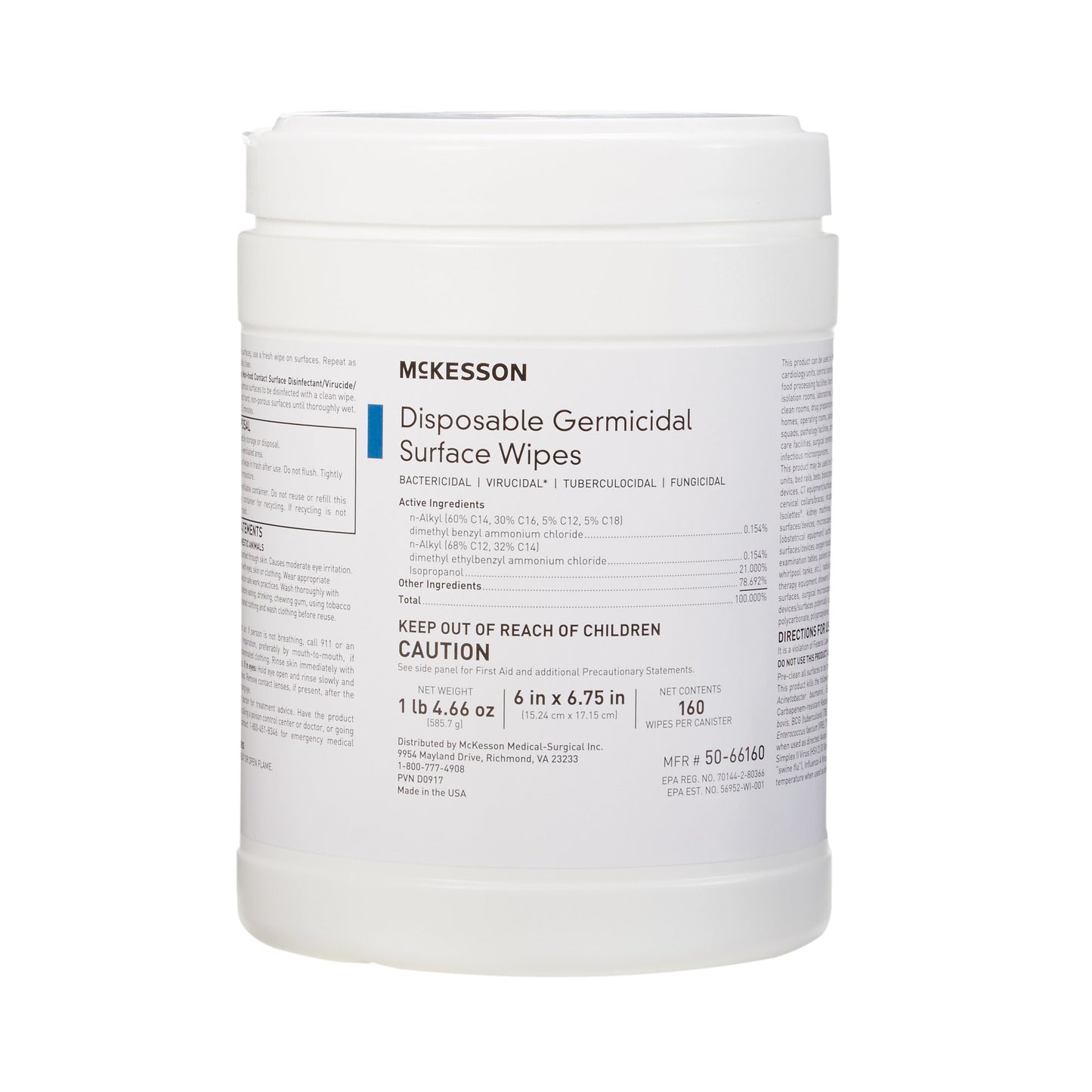 McKesson Germicidal Large Surface Disinfectant Wipes, Canister, 160 ct. 50-66160