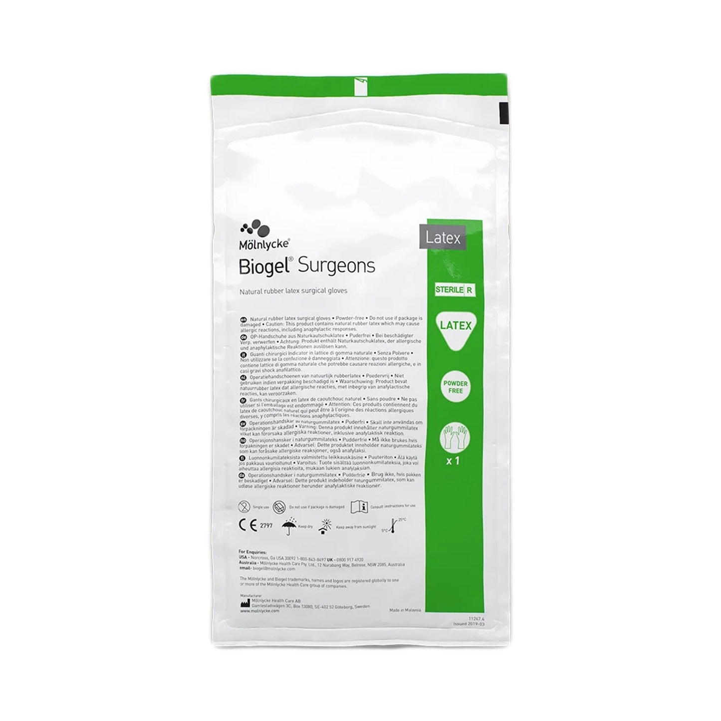 Molnlycke Biogel Surgeons Latex Standard Cuff Length Surgical Glove, Size 5, Straw 30455, PR