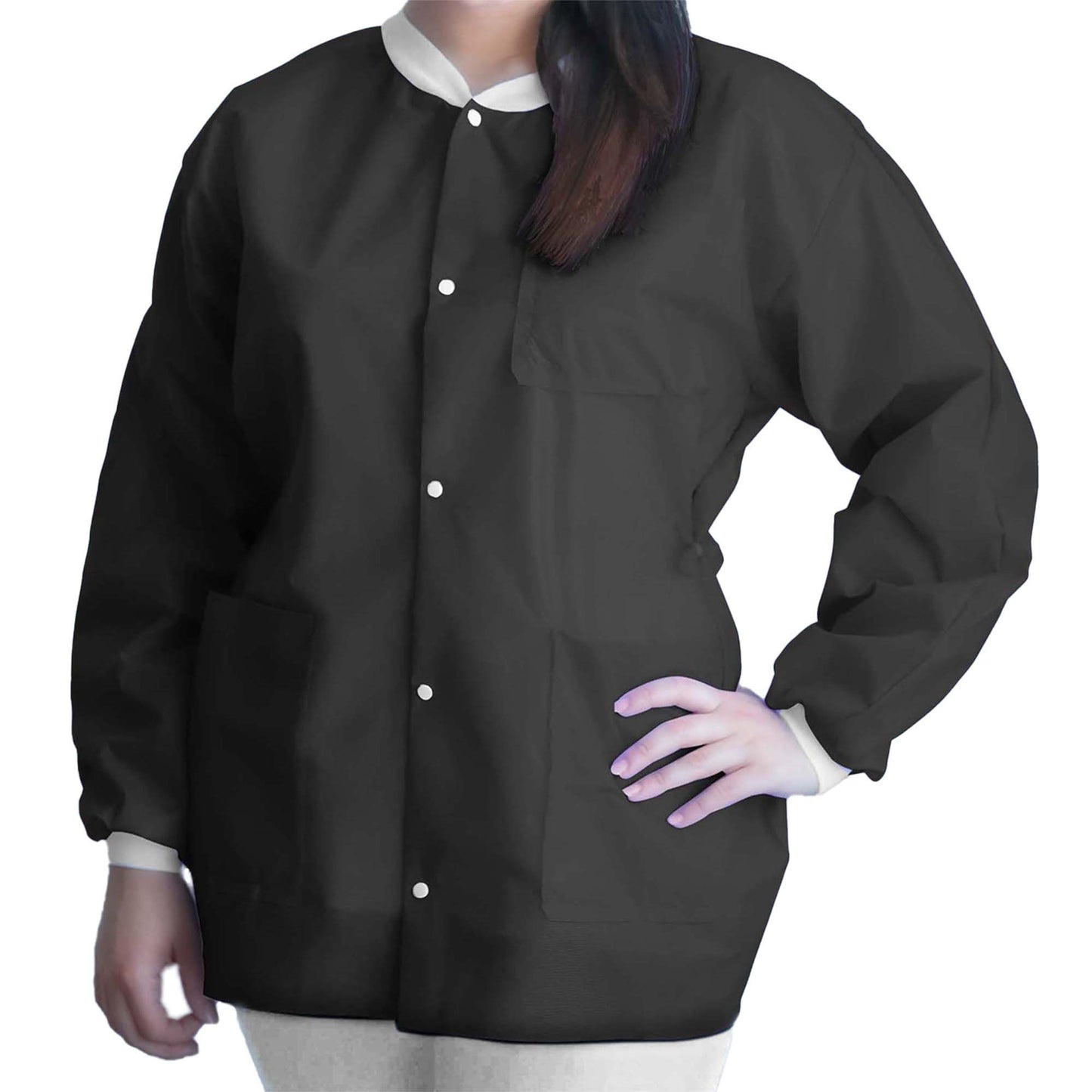 Lab Jacket FitMe™ Black Large Hip Length 3-Layer SMS Disposable - UGJ-6500-L