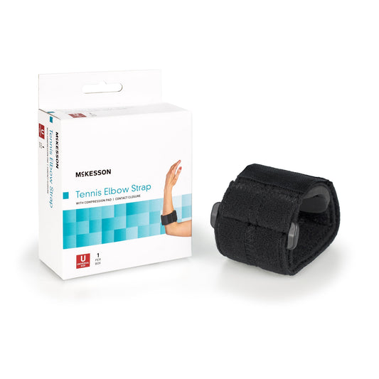 Elbow Support Strap McKesson One Size Fits Most Hook and Loop with D Ring Tennis / Golf Left or Right Elbow Up to 18 Inch Circumference Black - 155-BH