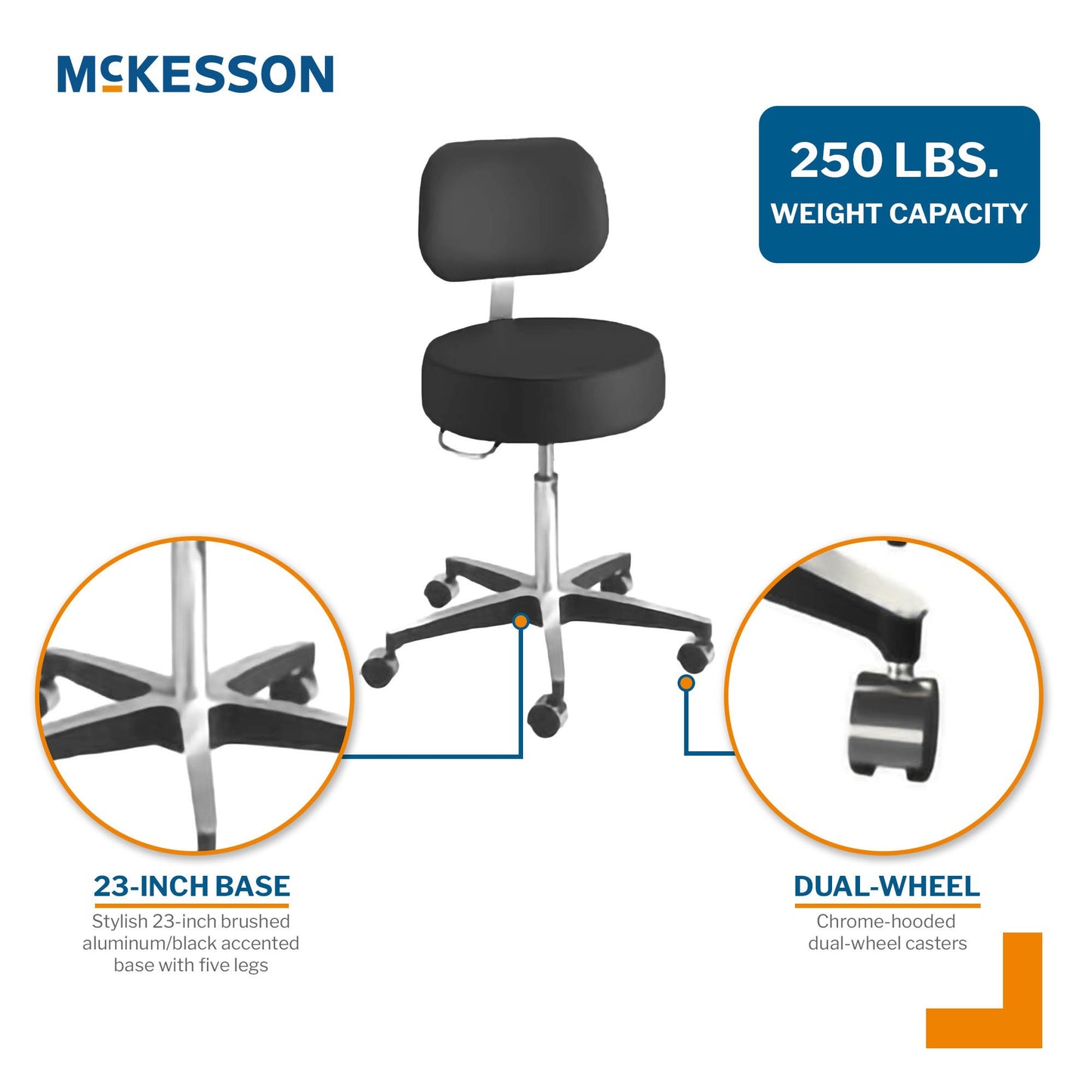 McKesson Pneumatic Exam Stool, Black, with Backrest 81-11001BUS393