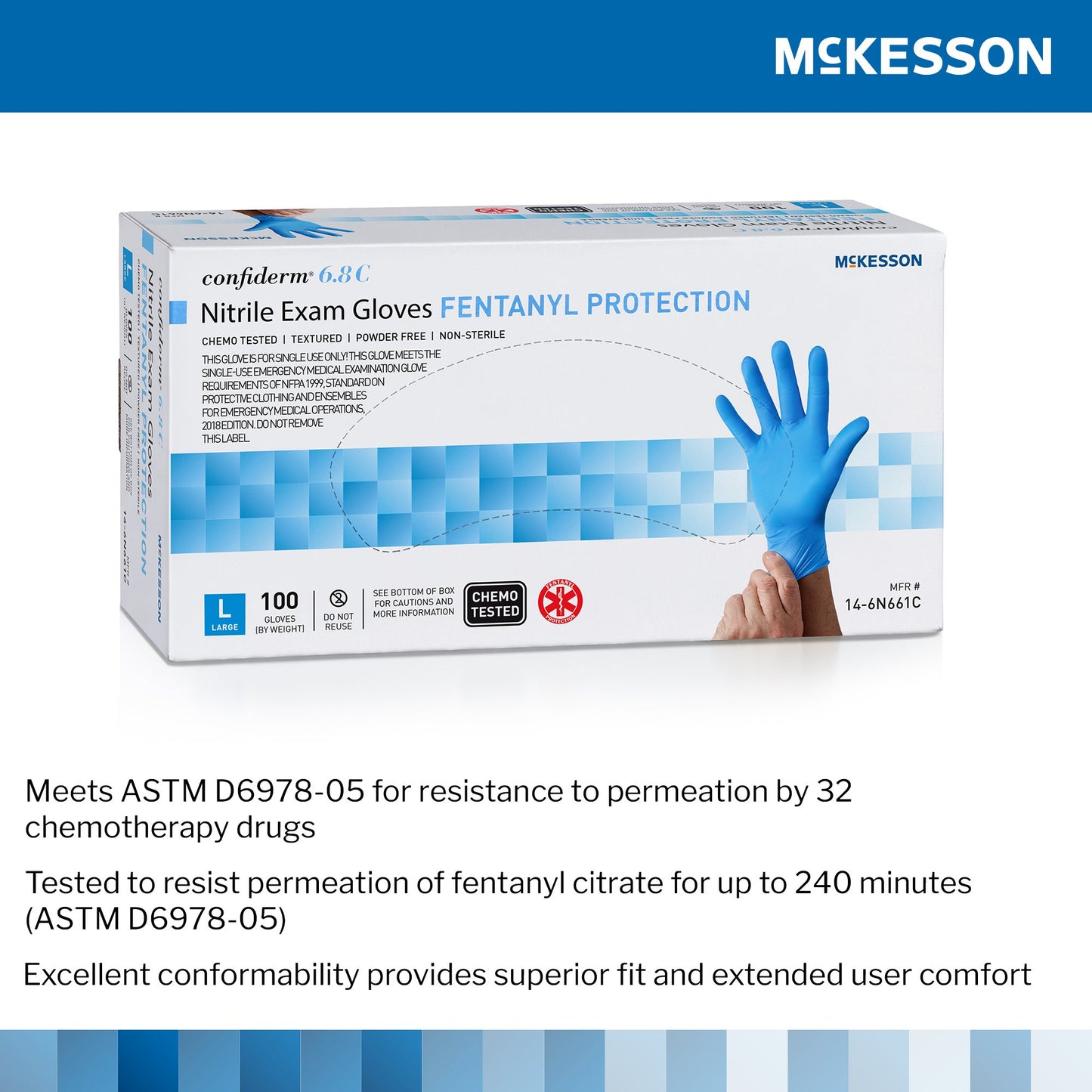 McKesson Confiderm® 6.8C Nitrile Exam Glove, Large, Blue 14-6N661C