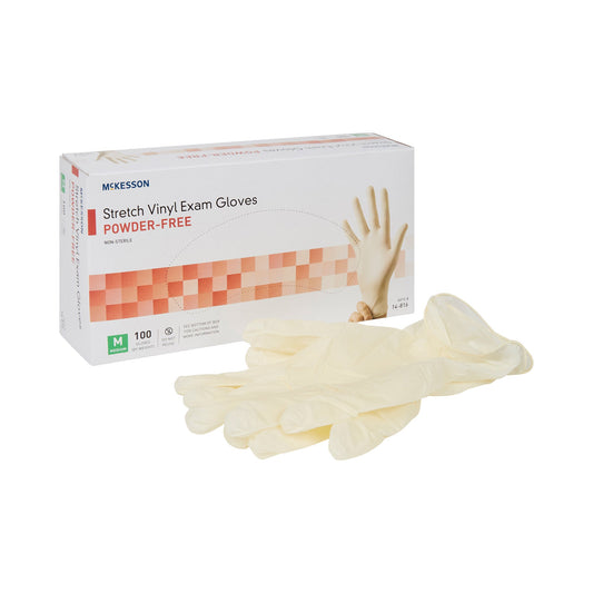 Exam Glove McKesson Medium NonSterile Stretch Vinyl Standard Cuff Length Smooth Ivory Not Rated - 14-816