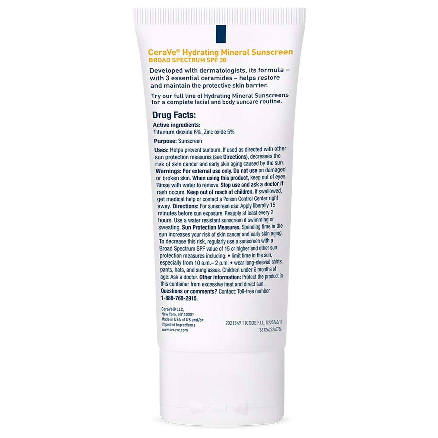 Sunscreen CeraVe® Hydrating Mineral Sunscreen Face SPF 30 Lotion 2.5 oz. Tube 60600051503