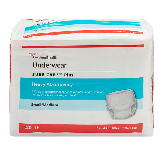 Unisex Adult Absorbent Underwear Sure Care™ Plus Pull On with Tear Away Seams Small / Medium Disposable Heavy Absorbency - 1605