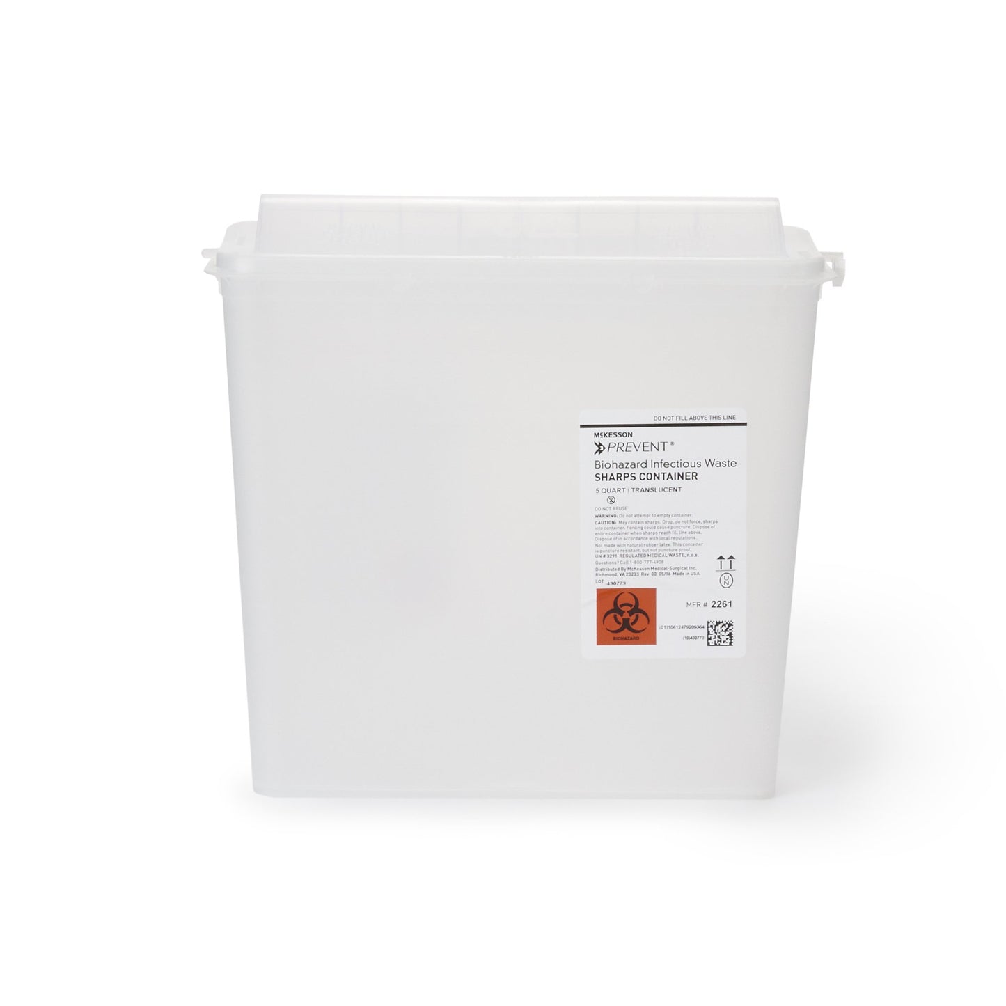Sharps Container McKesson Prevent® Translucent Base 10-3/4 H X 10-1/2 W X 4-3/4 D Inch Horizontal Entry 1.25 Gallon - 2261