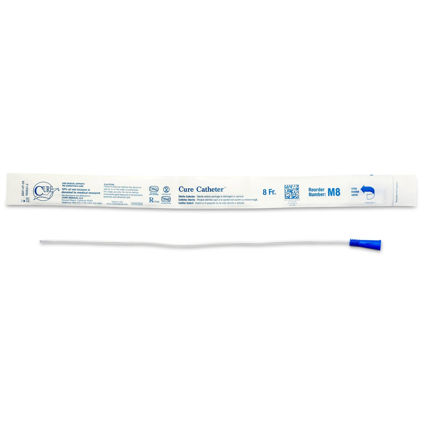 Cure Medical Cure Catheter Urethral Catheter, 8 Fr., Male, Straight M8, 1 Each