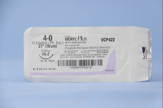 Absorbable Antibacterial Suture with Needle Coated Vicryl™ Plus Polyglactin 910 FS-2 3/8 Circle Reverse Cutting Needle Size 4-0 Braided - VCP422H