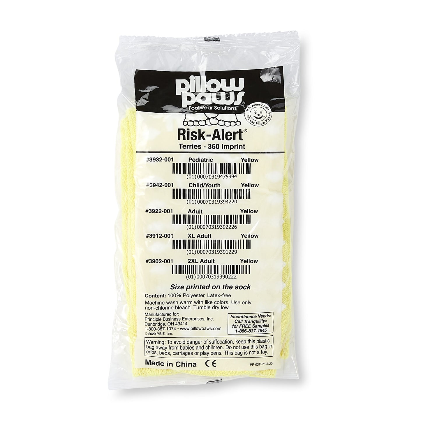 Slipper Socks Pillow Paws® Risk Alert® Terries™ Unisex Adult X-Large All Around Tread Single Patient Use Yellow - 3912-001